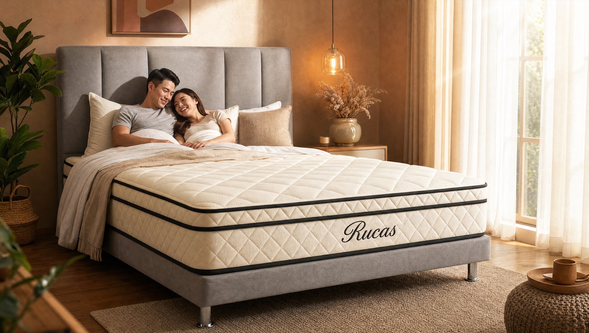 A happy couple relaxing on a premium Rucas bed at Westies' Furniture Fair