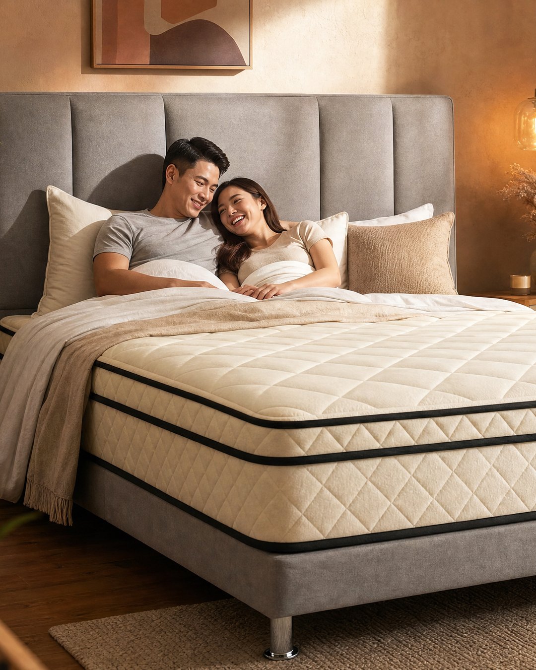 A happy couple relaxing on a premium Rucas bed at Westies' Furniture Fair